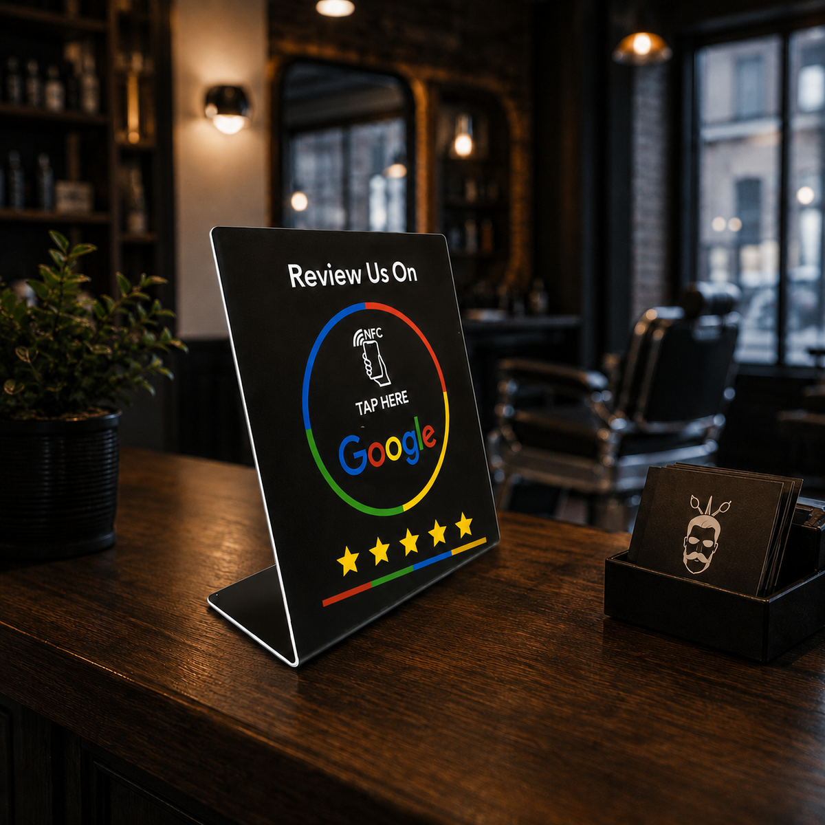 NFC Google reviewdisplay met vijf sterren op een barbershopbalie