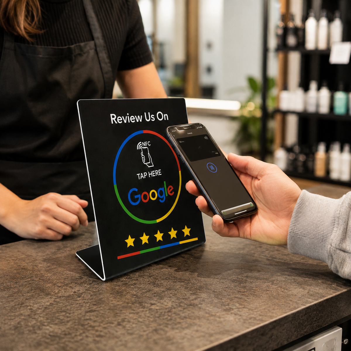 Demonstratie van NFC Google reviewcard bij een lokale salon