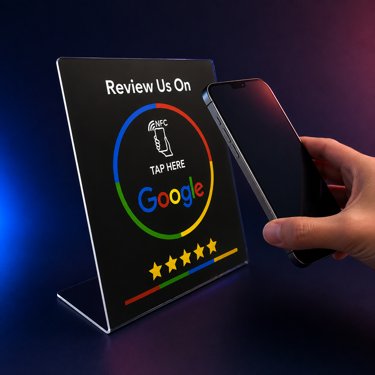 Telefoon tikt tegen een NFC Google reviewdisplay